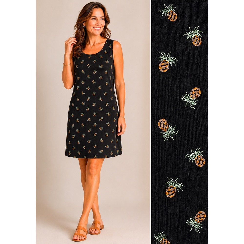 VTG Black Pineapple Fruit Dress Knee Length Sleeveless Shift 12 Resort Metallic